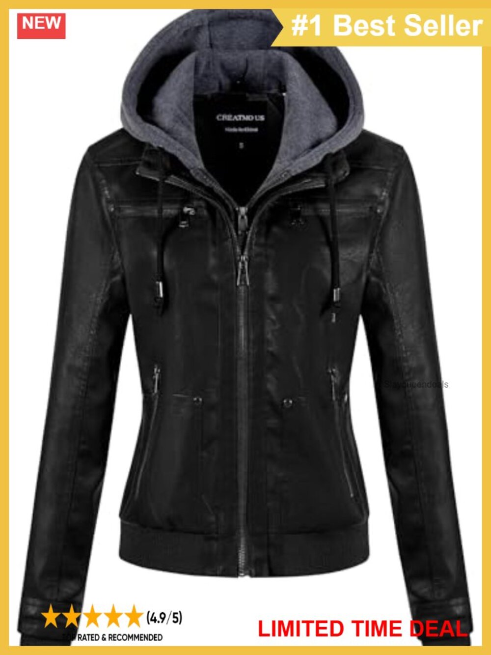 Faux Leather Jacket Waterproof Motorcycle Bomber Moto Biker Coat Removable Hood